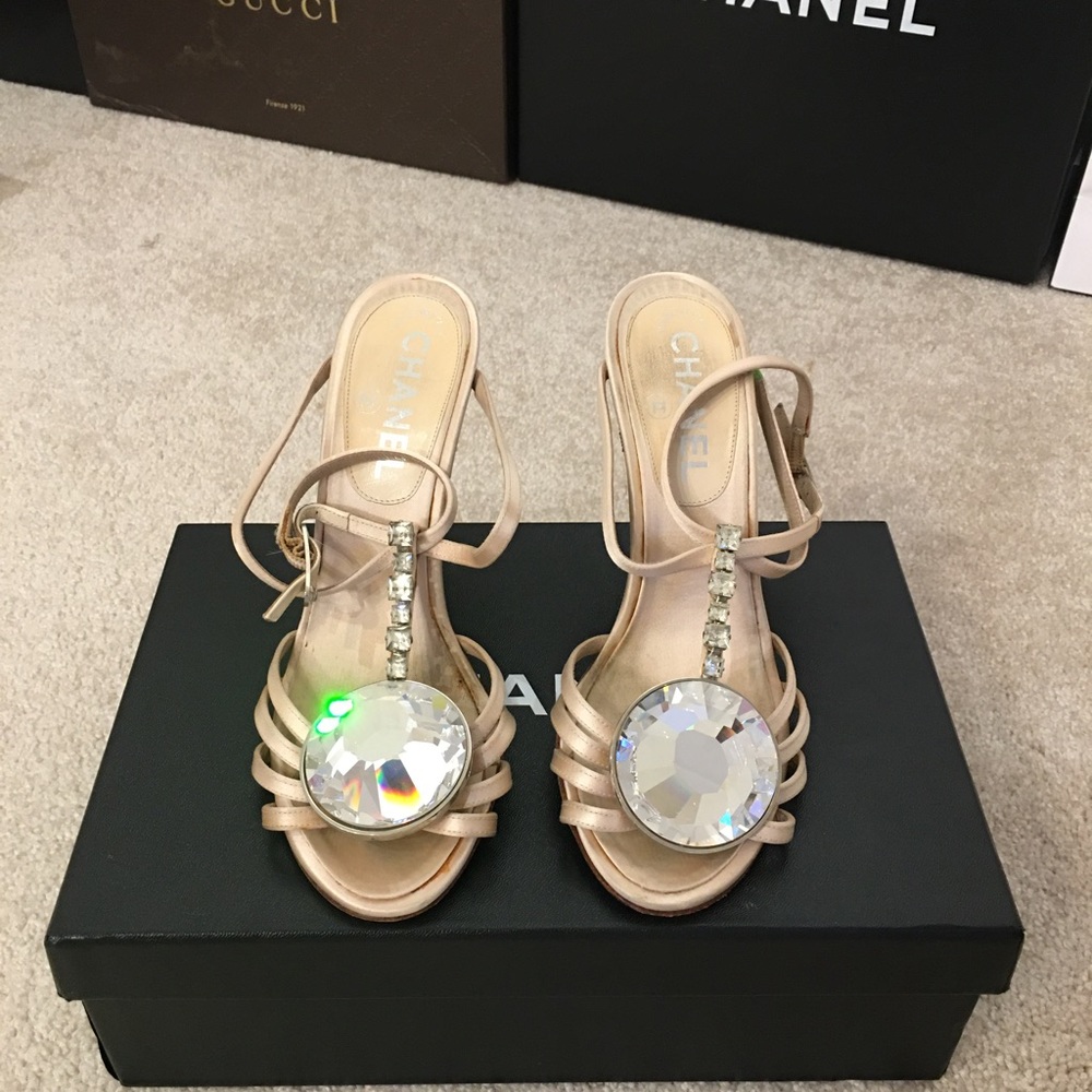 Chanel Jumbo Crystal Beige Satin Strappy Heels Size 36